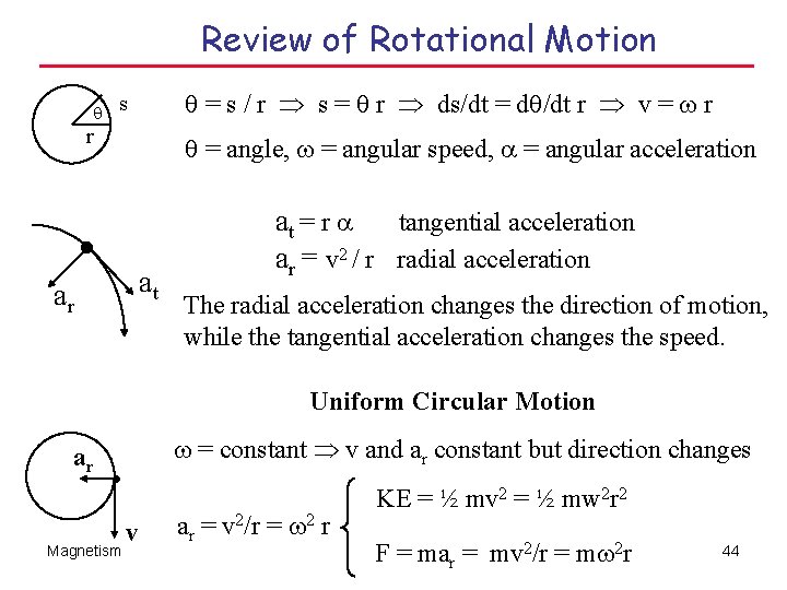 Review of Rotational Motion = s / r s = r ds/dt = d