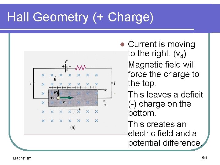 Hall Geometry (+ Charge) Current is moving to the right. (vd) l Magnetic field