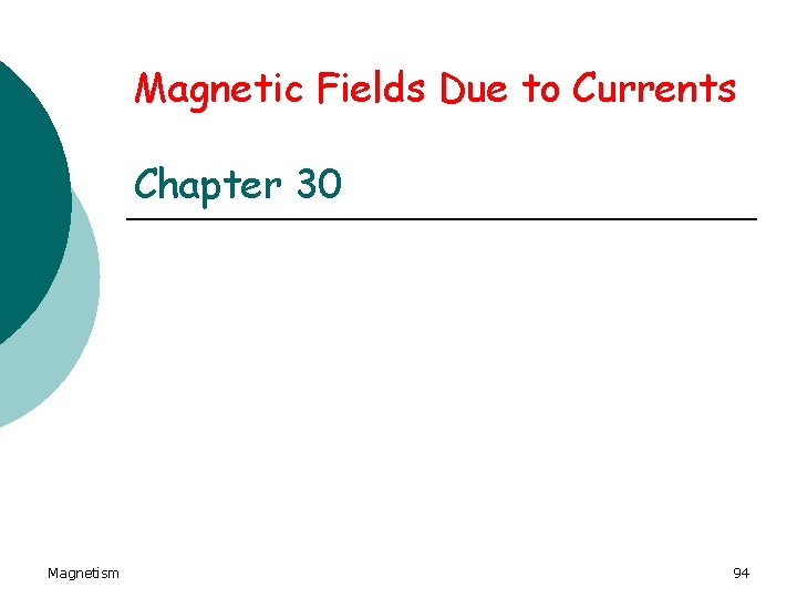 Magnetic Fields Due to Currents Chapter 30 Magnetism 94 