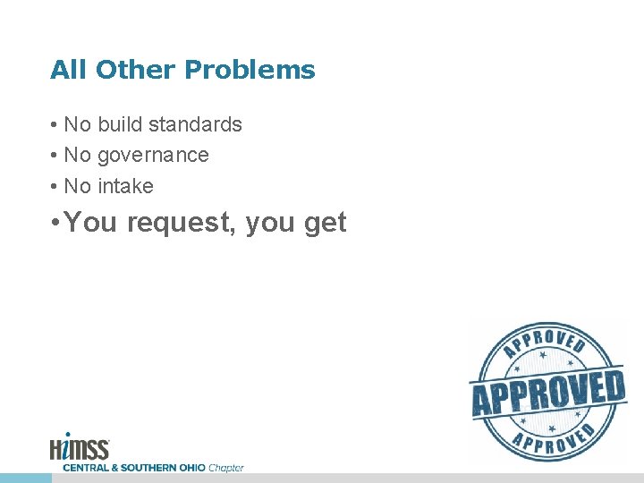 All Other Problems • No build standards • No governance • No intake •