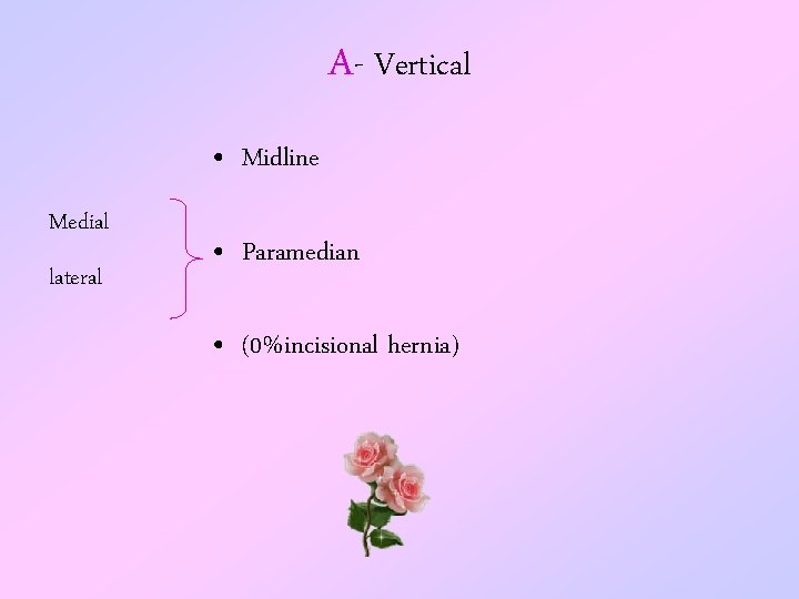 A- Vertical • Midline Medial lateral • Paramedian • (0%incisional hernia) 