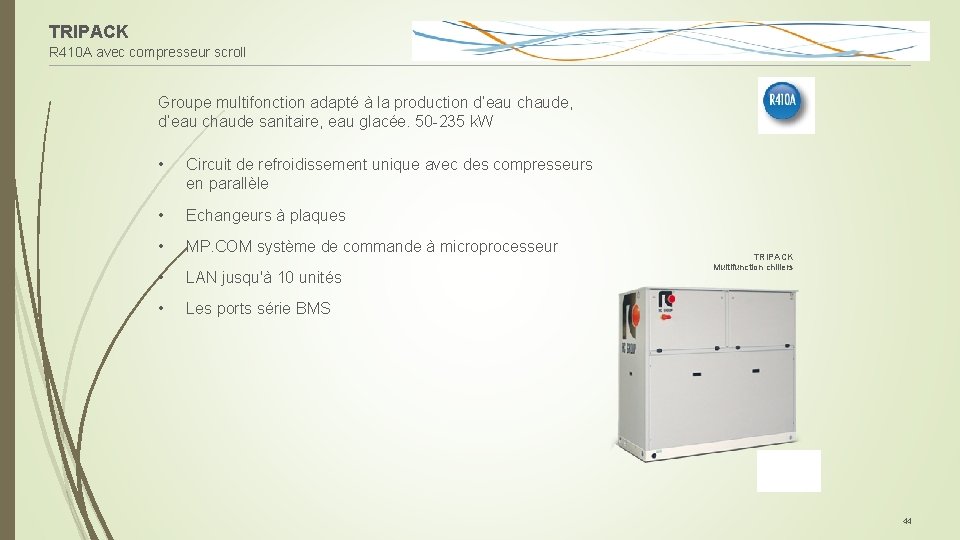 TRIPACK R 410 A avec compresseur scroll Groupe multifonction adapté à la production d’eau