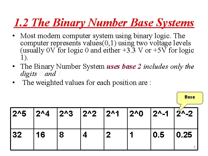 1. 2 The Binary Number Base Systems • Most modern computer system using binary 1. 2 The Binary Number Base Systems • Most modern computer system using binary