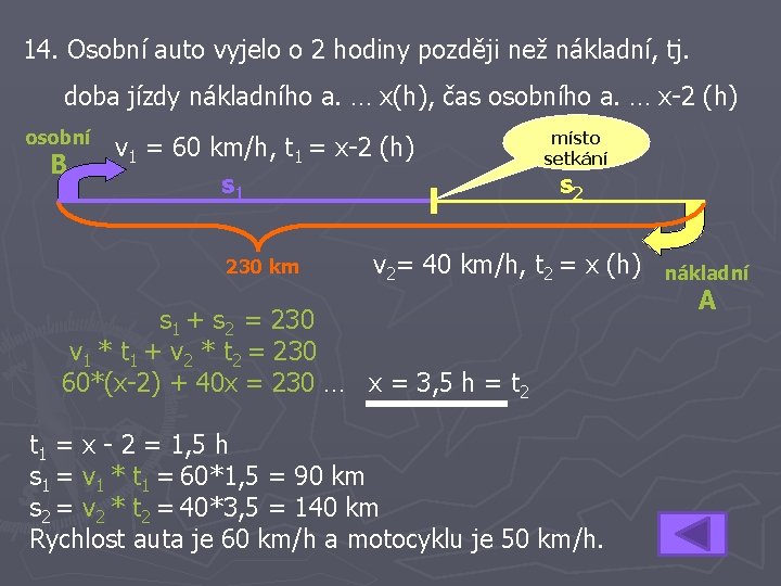 14. Osobní auto vyjelo o 2 hodiny později než nákladní, tj. doba jízdy nákladního