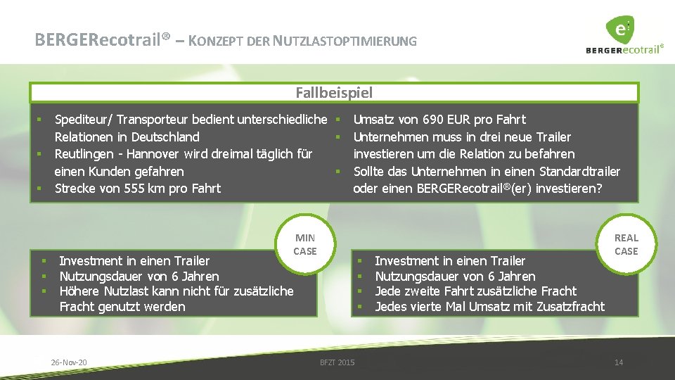 BERGERecotrail® – KONZEPT DER NUTZLASTOPTIMIERUNG Fallbeispiel § § § Spediteur/ Transporteur bedient unterschiedliche §