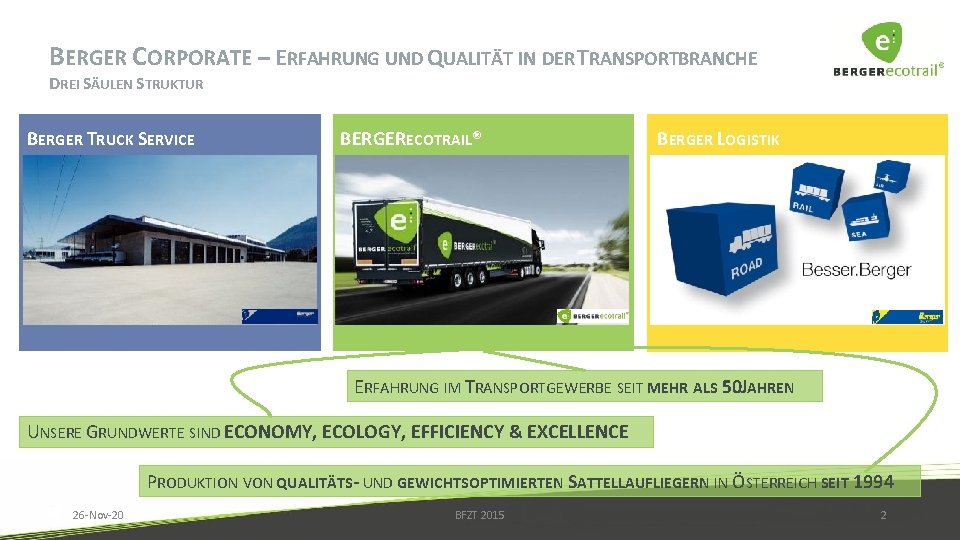 BERGER CORPORATE – ERFAHRUNG UND QUALITÄT IN DER TRANSPORTBRANCHE DREI SÄULEN STRUKTUR BERGER TRUCK