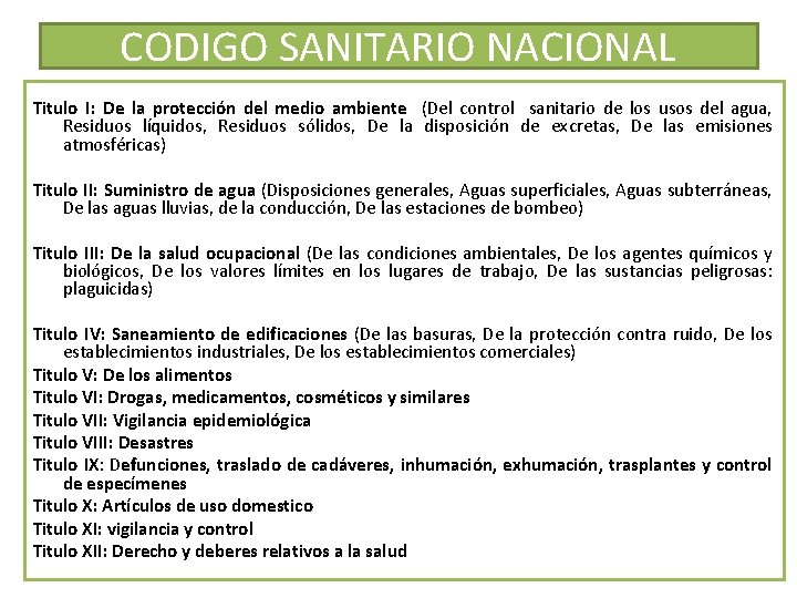 CODIGO SANITARIO NACIONAL Titulo I: De la protección del medio ambiente (Del control sanitario