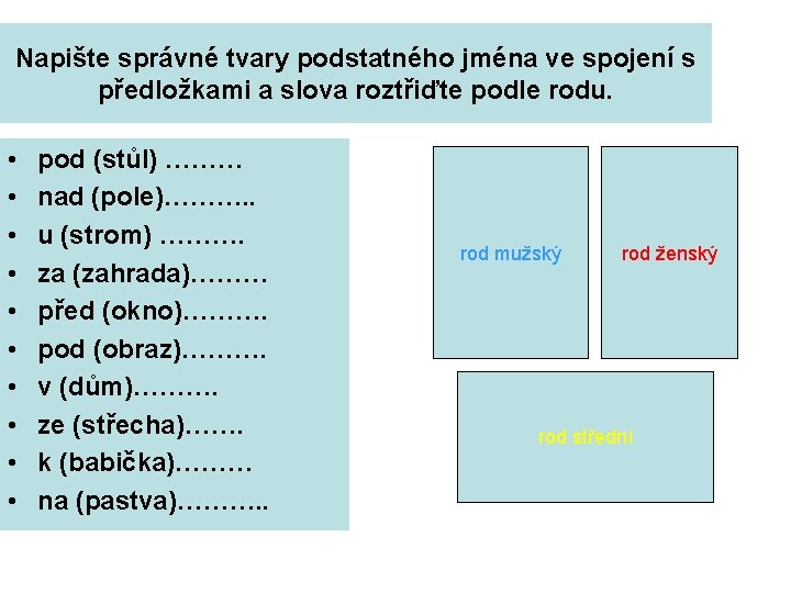 Napište správné tvary podstatného jména ve spojení s předložkami a slova roztřiďte podle rodu.
