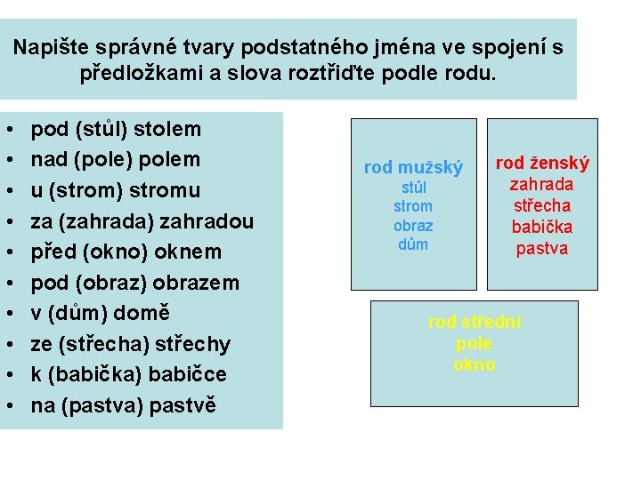 Napište správné tvary podstatného jména ve spojení s předložkami a slova roztřiďte podle rodu.