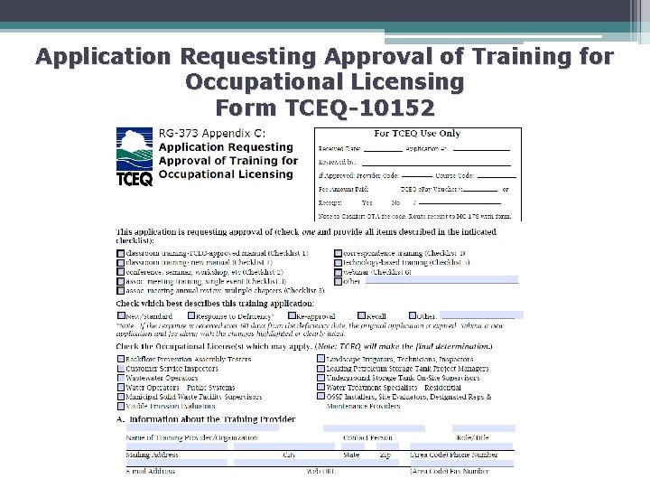 Application Requesting Approval of Training for Occupational Licensing Form TCEQ-10152 
