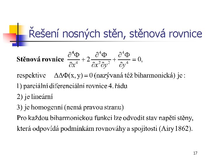 Řešení nosných stěn, stěnová rovnice 17 