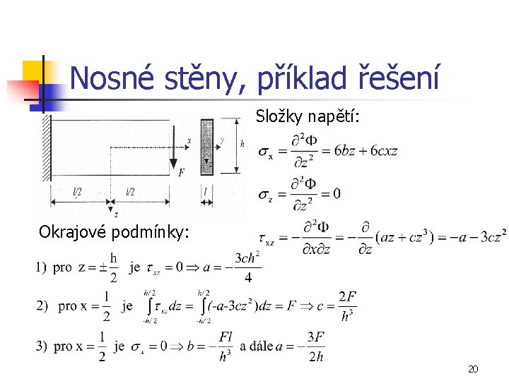 Nosné stěny, příklad řešení Složky napětí: Okrajové podmínky: 20 