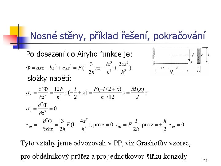 Nosné stěny, příklad řešení, pokračování Po dosazení do Airyho funkce je: složky napětí: Tyto