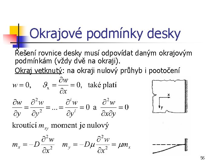 Okrajové podmínky desky Řešení rovnice desky musí odpovídat daným okrajovým podmínkám (vždy dvě na