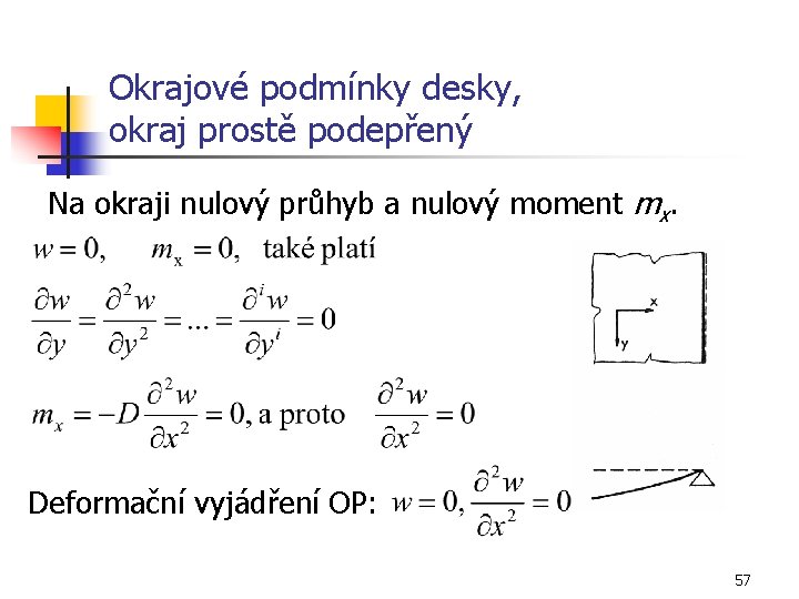 Okrajové podmínky desky, okraj prostě podepřený Na okraji nulový průhyb a nulový moment mx.