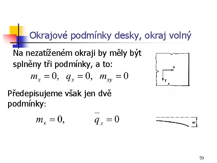 Okrajové podmínky desky, okraj volný Na nezatíženém okraji by měly být splněny tři podmínky,