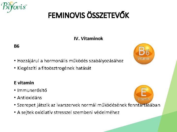 FEMINOVIS ÖSSZETEVŐK IV. Vitaminok B 6 • Hozzájárul a hormonális működés szabályozásához • Kiegészíti