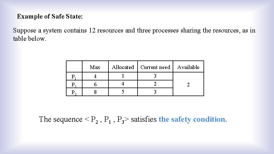 Example of Safe State: Suppose a system contains 12 resources and three processes sharing