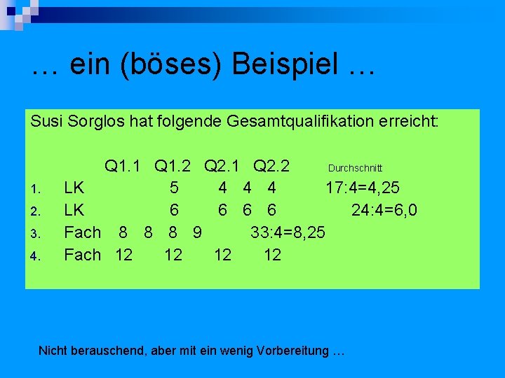 … ein (böses) Beispiel … Susi Sorglos hat folgende Gesamtqualifikation erreicht: 1. 2. 3.