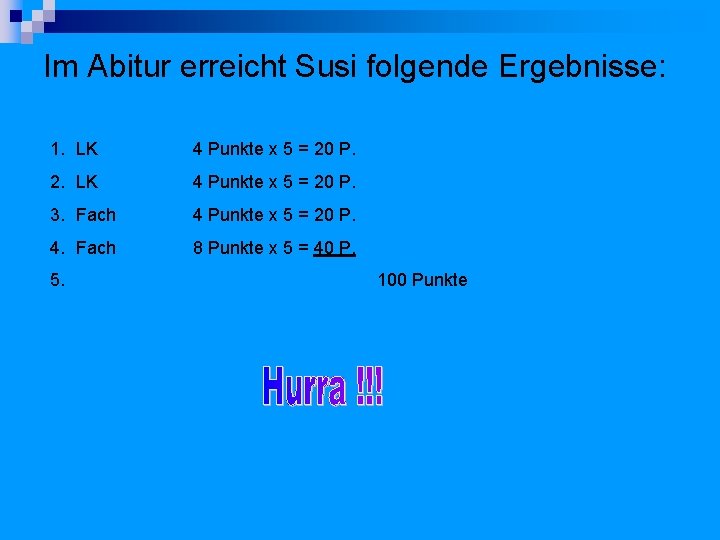 Im Abitur erreicht Susi folgende Ergebnisse: 1. LK 4 Punkte x 5 = 20