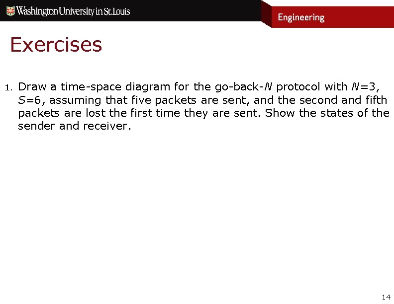 Exercises 1. Draw a time-space diagram for the go-back-N protocol with N=3, S=6, assuming