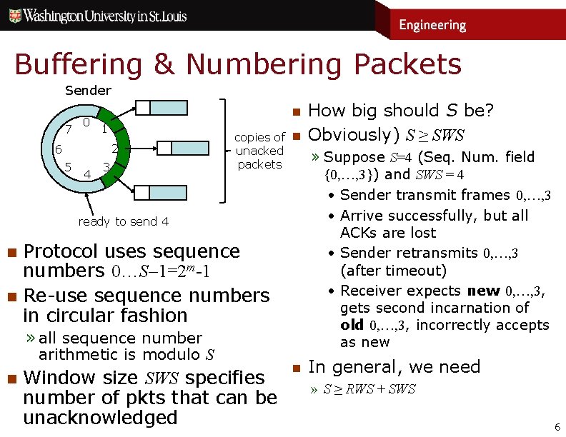 Buffering & Numbering Packets Sender 7 0 n 1 2 6 5 4 3