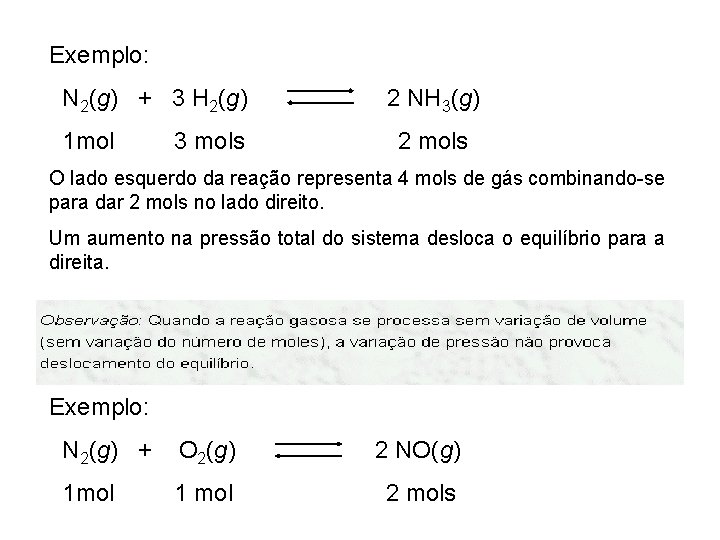 Exemplo: N 2(g) + 3 H 2(g) 1 mol 3 mols 2 NH 3(g)