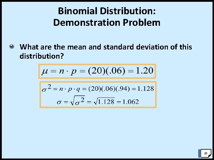 Binomial Distribution: Demonstration Problem What are the mean and standard deviation of this distribution?