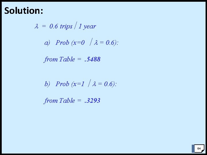 Solution: = 0. 6 trips 1 year a) Prob (x=0 = 0. 6): from