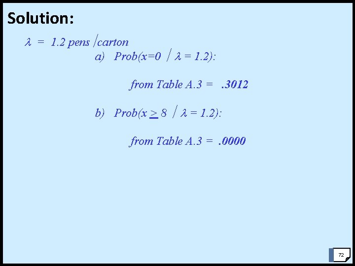 Solution: = 1. 2 pens carton a) Prob(x=0 = 1. 2): from Table A.