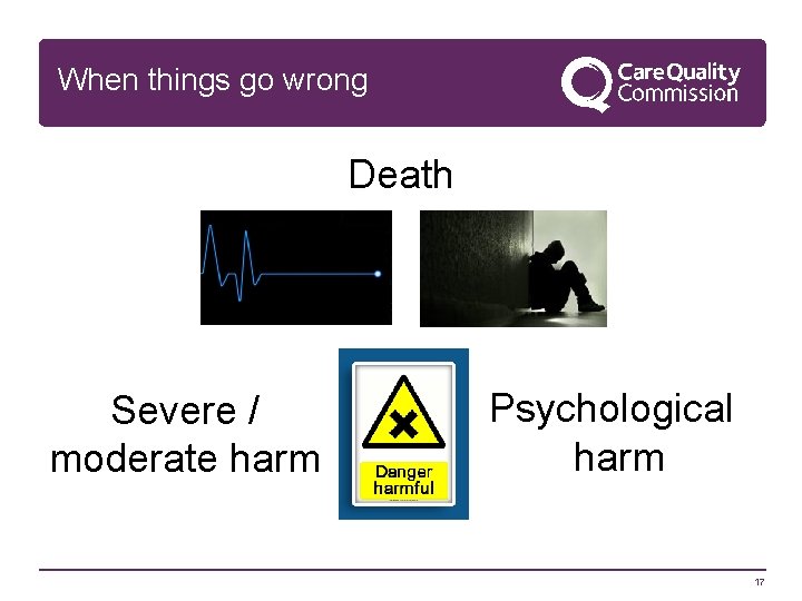 When things go wrong Death Severe / moderate harm Psychological harm 17 