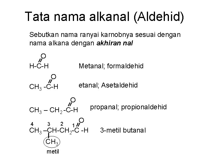 Tata nama alkanal (Aldehid) Sebutkan nama ranyai karnobnya sesuai dengan nama alkana dengan akhiran