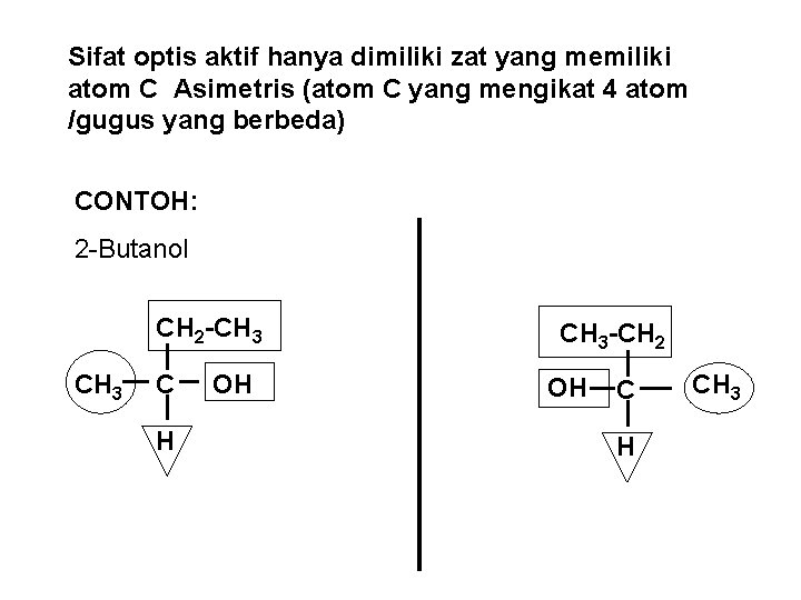 Sifat optis aktif hanya dimiliki zat yang memiliki atom C Asimetris (atom C yang