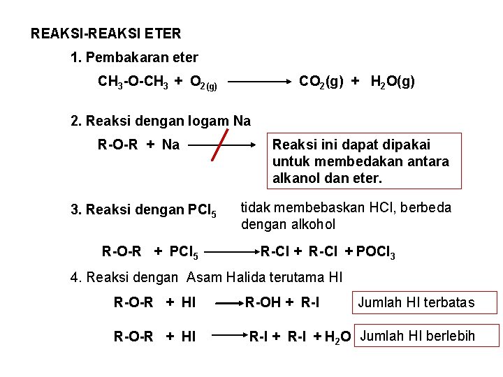 REAKSI-REAKSI ETER 1. Pembakaran eter CH 3 -O-CH 3 + O 2(g) CO 2(g)