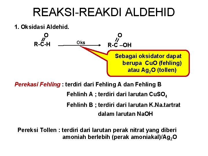 REAKSI-REAKDI ALDEHID 1. Oksidasi Aldehid. O R-C-H O Oks R-C –OH Sebagai oksidator dapat