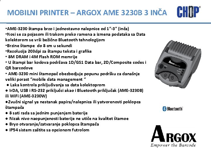 MOBILNI PRINTER – ARGOX AME 3230 B 3 INČA • AME-3230 štampa brzo i