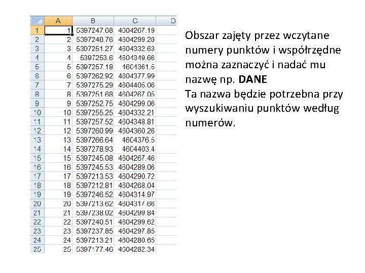 Obszar zajęty przez wczytane numery punktów i współrzędne można zaznaczyć i nadać mu nazwę