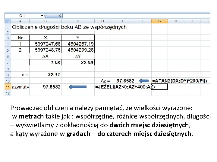 Prowadząc obliczenia należy pamiętać, że wielkości wyrażone: w metrach takie jak : współrzędne, różnice
