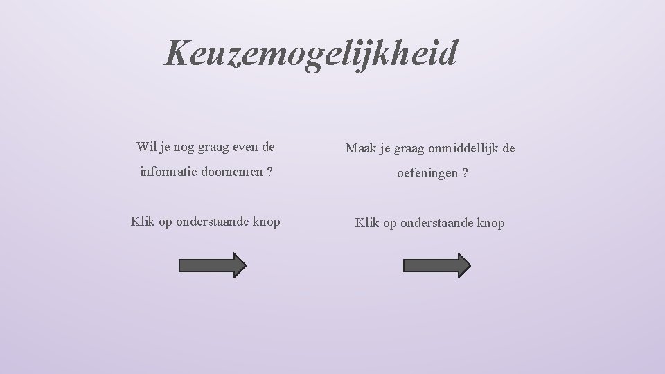 Keuzemogelijkheid Wil je nog graag even de Maak je graag onmiddellijk de informatie doornemen