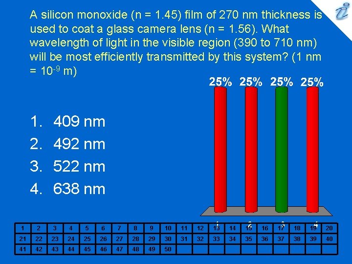 A silicon monoxide (n = 1. 45) film of 270 nm thickness is used