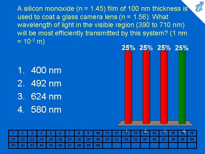 A silicon monoxide (n = 1. 45) film of 100 nm thickness is used