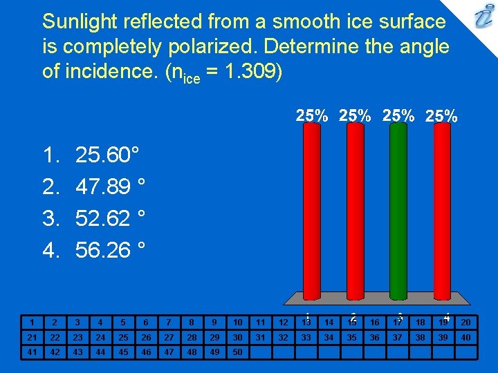 Sunlight reflected from a smooth ice surface is completely polarized. Determine the angle of