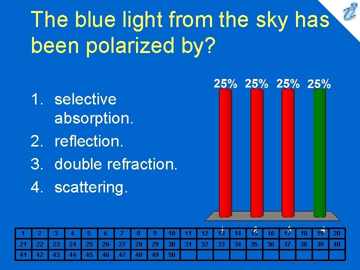 The blue light from the sky has been polarized by? 1. selective absorption. 2.