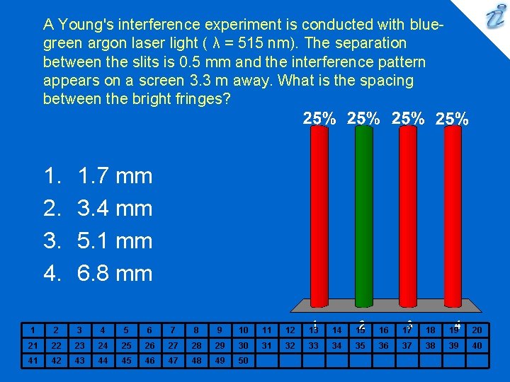 A Young's interference experiment is conducted with bluegreen argon laser light ( λ =