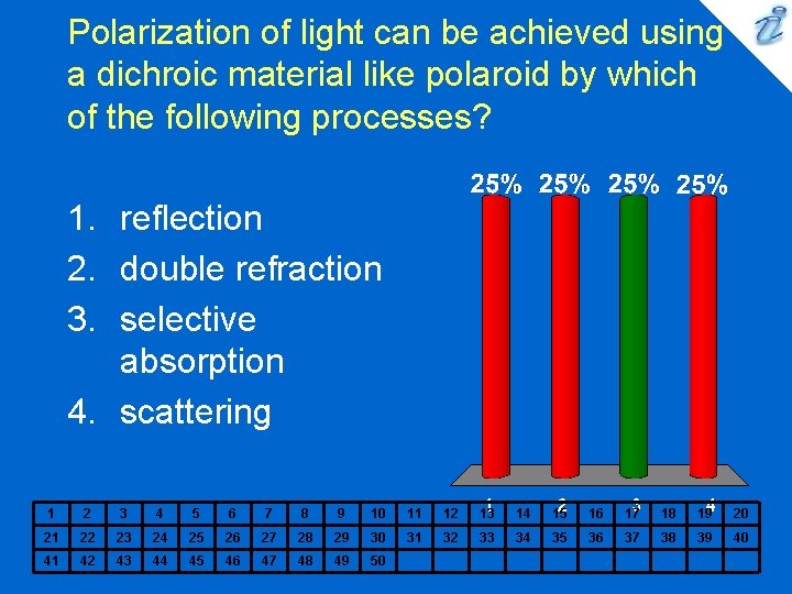 Polarization of light can be achieved using a dichroic material like polaroid by which