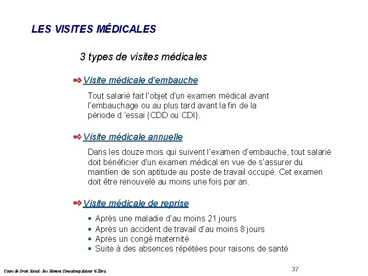 LES VISITES MÉDICALES 3 types de visites médicales Droit Social Visite médicale d’embauche Tout