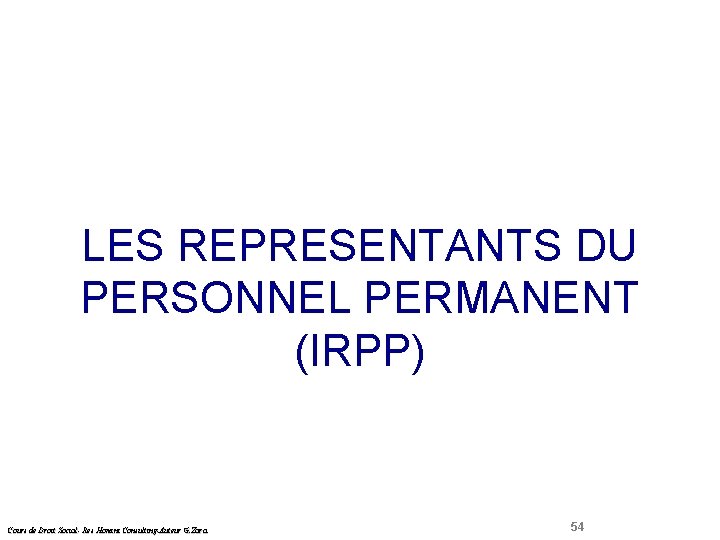  Droit Social LES REPRESENTANTS DU PERSONNEL PERMANENT (IRPP) Cours de Droit Social- Res