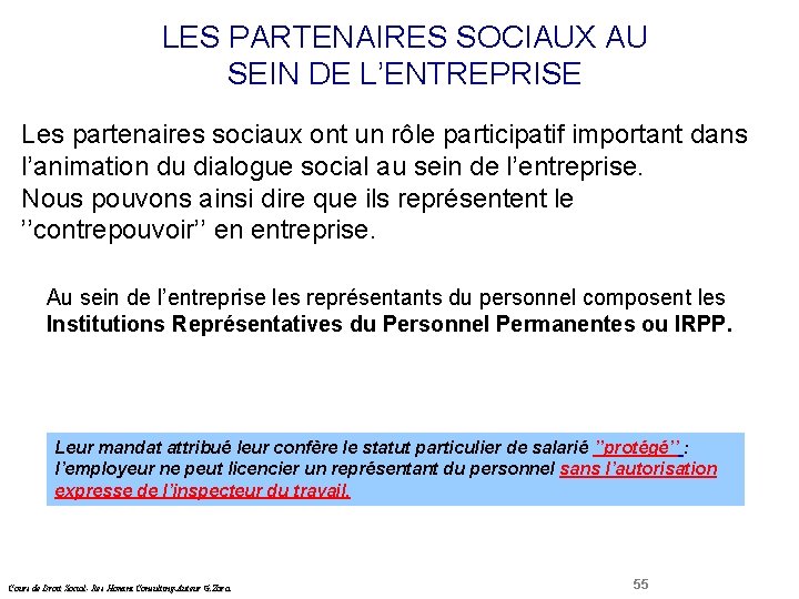 LES PARTENAIRES SOCIAUX AU SEIN DE L’ENTREPRISE Droit Social Les partenaires sociaux ont un