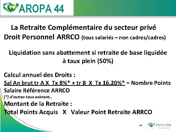  La Retraite Complémentaire du secteur privé Droit Personnel ARRCO (tous salariés – non