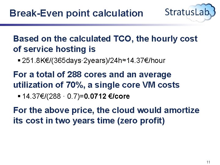 Break-Even point calculation Based on the calculated TCO, the hourly cost of service hosting Break-Even point calculation Based on the calculated TCO, the hourly cost of service hosting